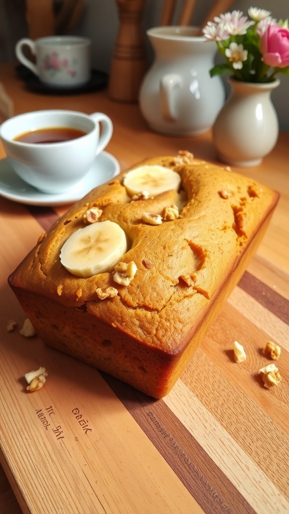 A loaf of vegan gluten-free banana bread with banana slices and walnuts on a cutting board.